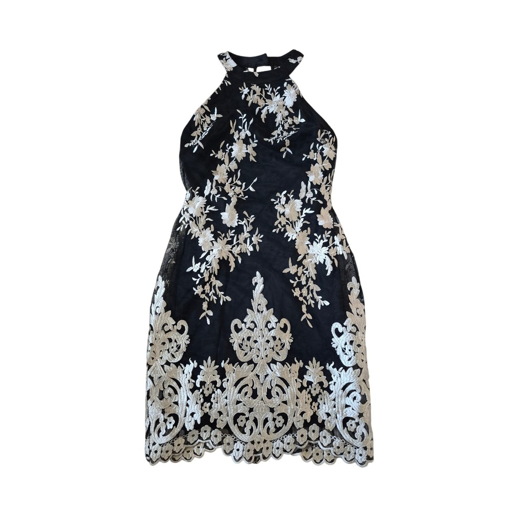 Womens Size S Black Floral Embroidered Halter Neck Open Back Cocktail Mini Dress